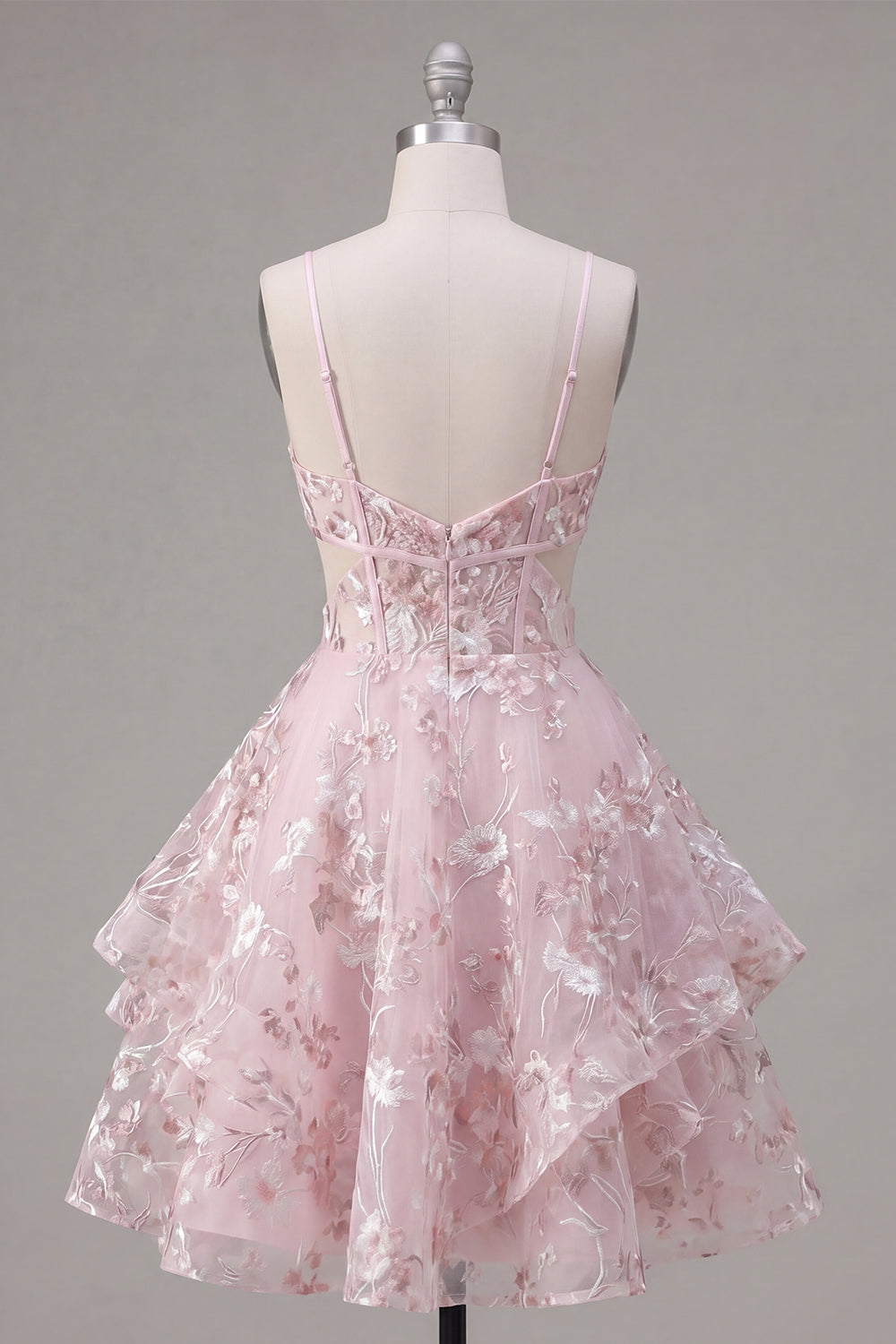 A Line V-Neck Short Floral Pink Cut Out Ruffled Corset Homecoming Dress