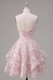 A Line V-Neck Short Floral Pink Cut Out Ruffled Corset Homecoming Dress