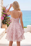 A Line V-Neck Short Floral Pink Cut Out Ruffled Corset Homecoming Dress