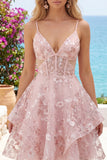 A Line V-Neck Short Floral Pink Cut Out Ruffled Corset Homecoming Dress