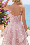 A Line V-Neck Short Floral Pink Cut Out Ruffled Corset Homecoming Dress