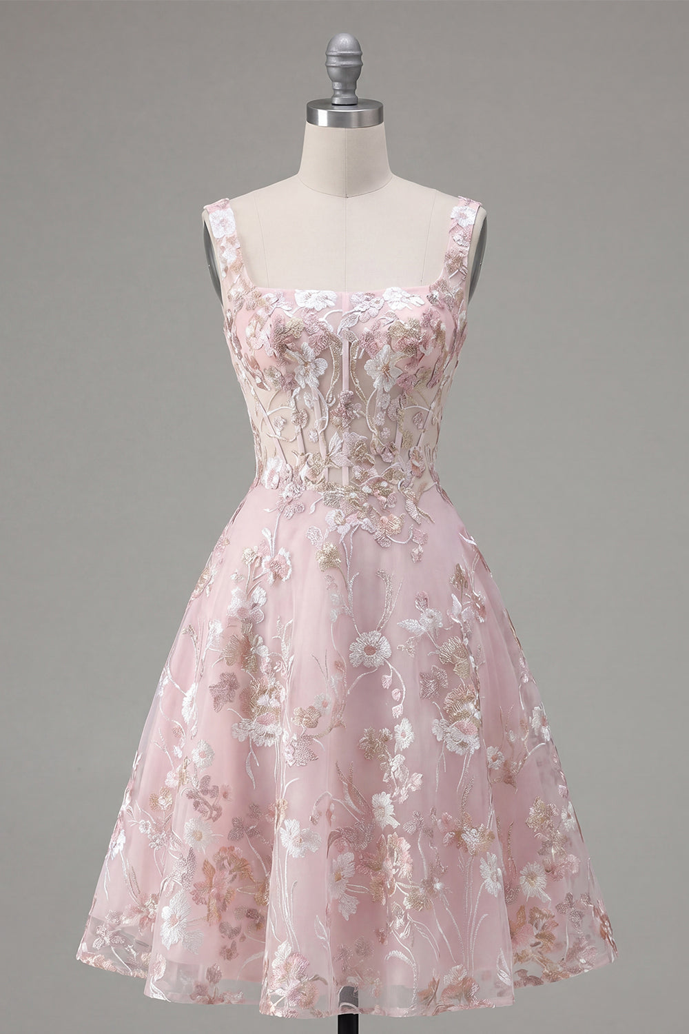 Floral A Line Square Neck Short Pink Corset Homecoming Dress