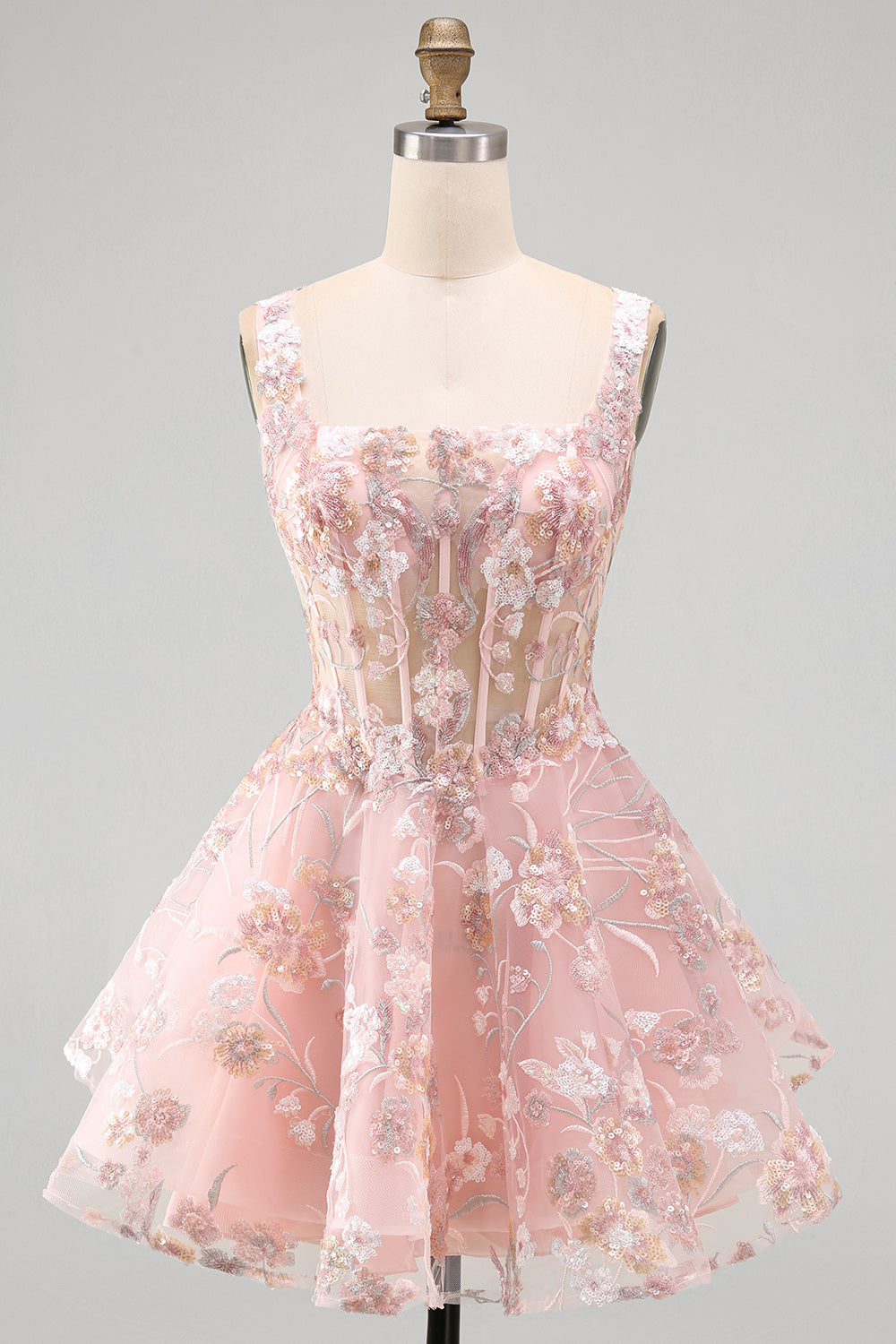 Floral A Line Square Neck Short Pink Corset Homecoming Dress