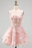 Floral A Line Square Neck Short Pink Corset Homecoming Dress