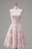Floral A Line Square Neck Short Pink Corset Homecoming Dress