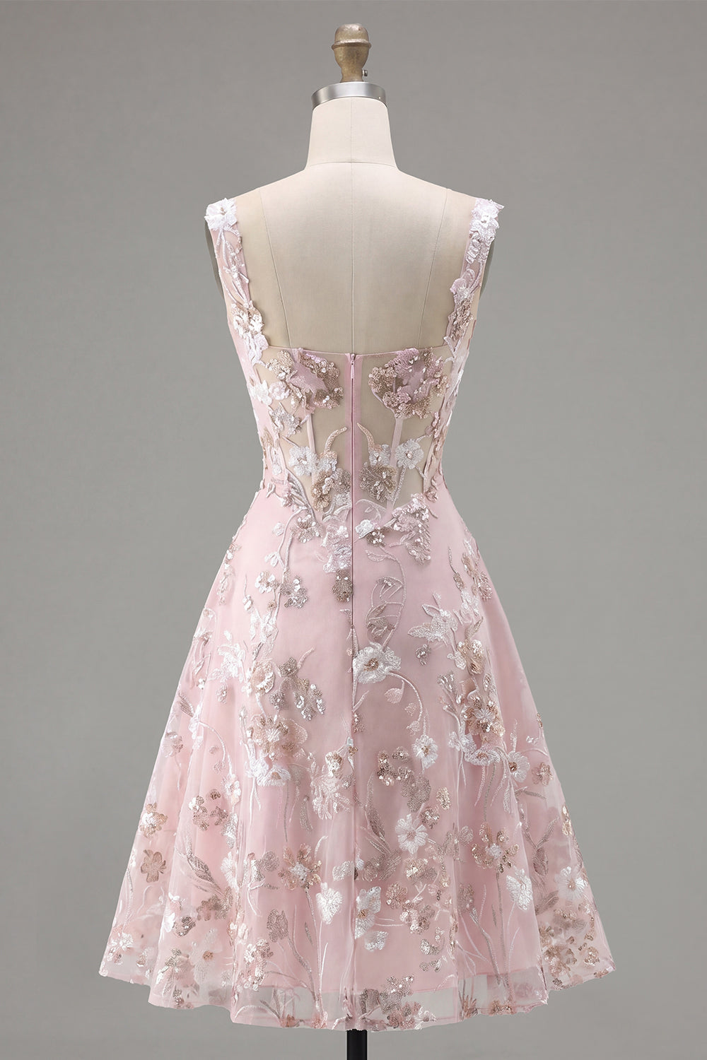 Floral A Line Square Neck Short Pink Corset Homecoming Dress