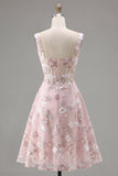 Floral A Line Square Neck Short Pink Corset Homecoming Dress