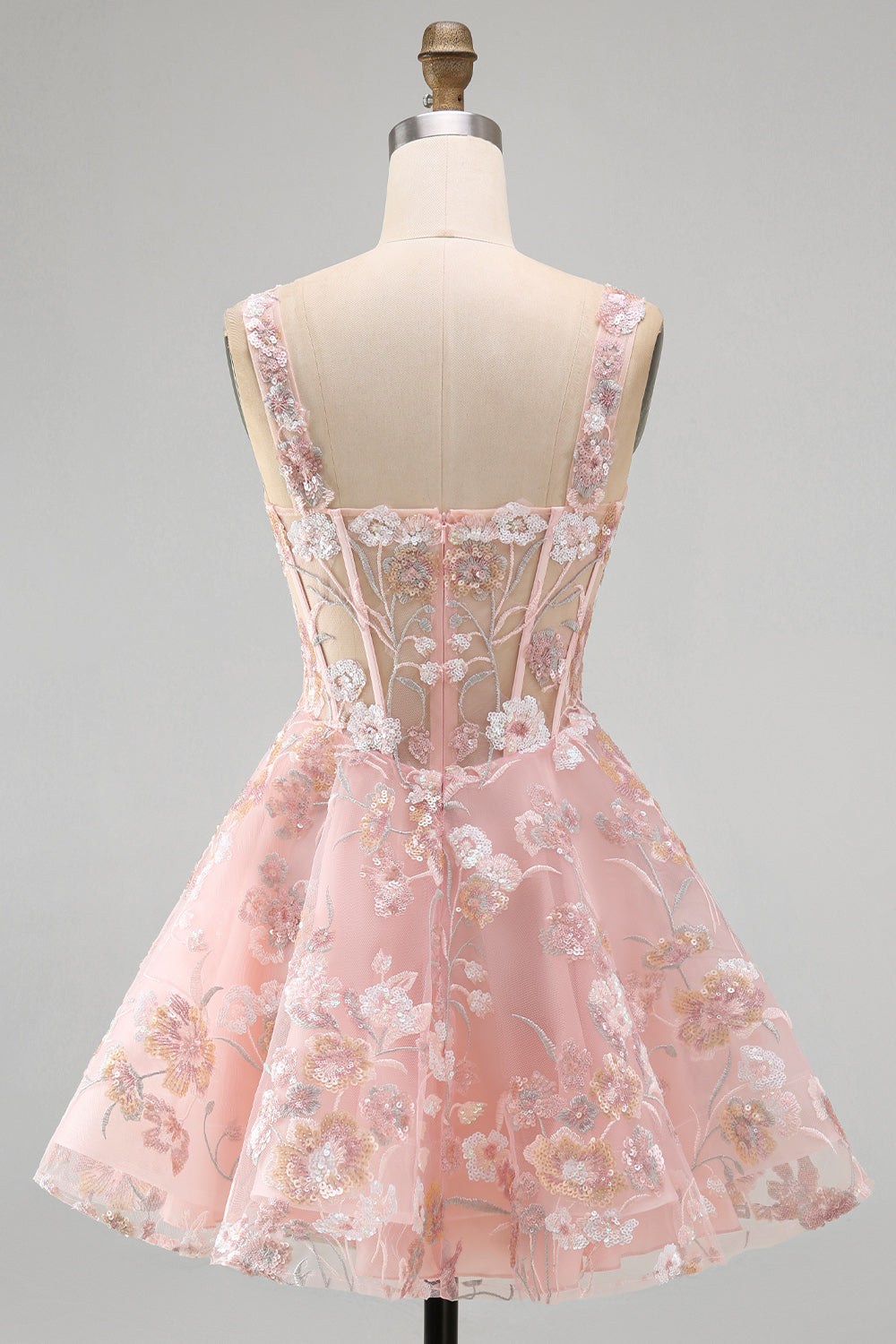 Floral A Line Square Neck Short Pink Corset Homecoming Dress