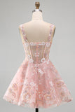 Floral A Line Square Neck Short Pink Corset Homecoming Dress