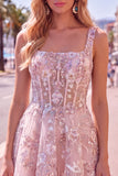 Floral A Line Square Neck Short Pink Corset Homecoming Dress