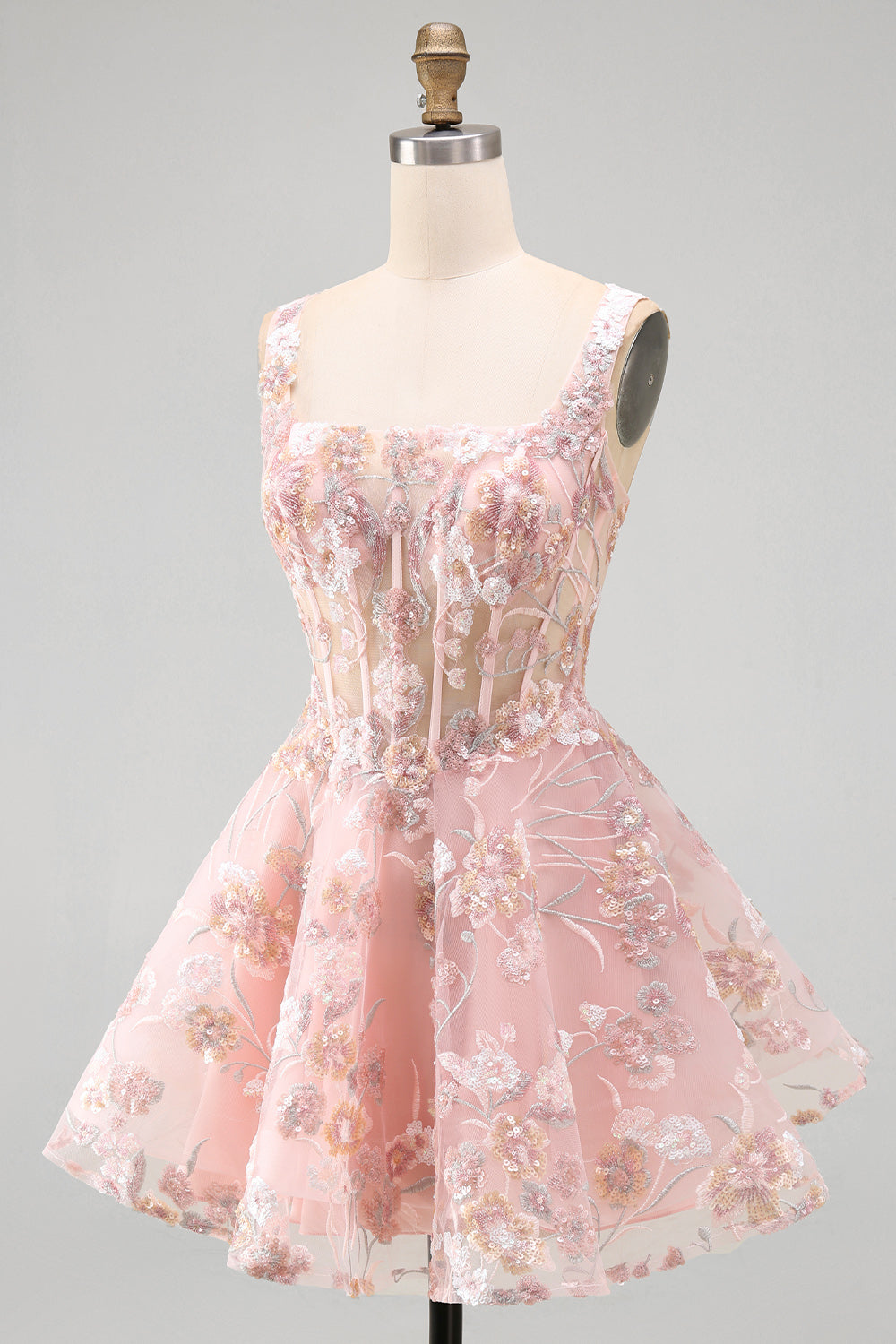 Floral A Line Square Neck Short Pink Corset Homecoming Dress