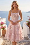Floral A Line Square Neck Short Pink Corset Homecoming Dress