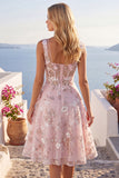 Floral A Line Square Neck Short Pink Corset Homecoming Dress