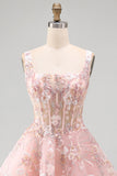 Floral A Line Square Neck Short Pink Corset Homecoming Dress