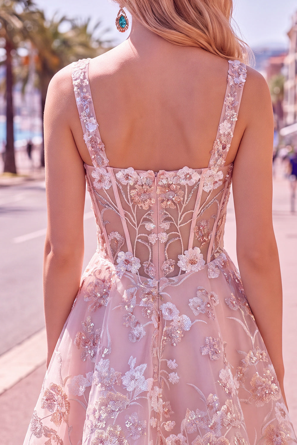 Floral A Line Square Neck Short Pink Corset Homecoming Dress