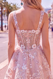 Floral A Line Square Neck Short Pink Corset Homecoming Dress
