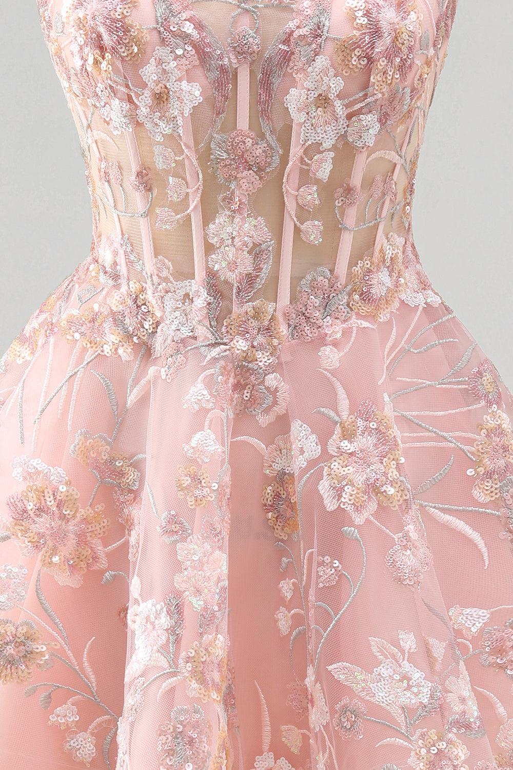 Floral A Line Square Neck Short Pink Corset Homecoming Dress