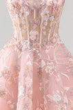 Floral A Line Square Neck Short Pink Corset Homecoming Dress
