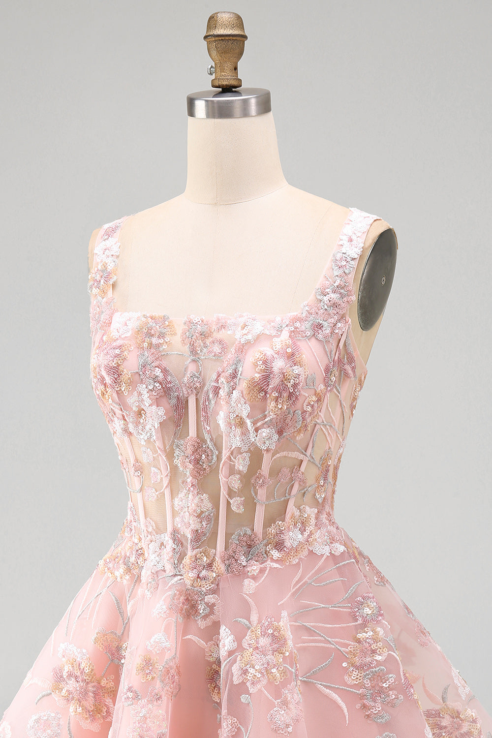 Floral A Line Square Neck Short Pink Corset Homecoming Dress