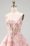Floral A Line Square Neck Short Pink Corset Homecoming Dress