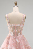 Floral A Line Square Neck Short Pink Corset Homecoming Dress