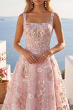 Floral A Line Square Neck Short Pink Corset Homecoming Dress
