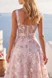 Floral A Line Square Neck Short Pink Corset Homecoming Dress