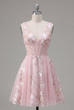 Floral V-Neck A Line Pink Short Corset Homecoming Dress