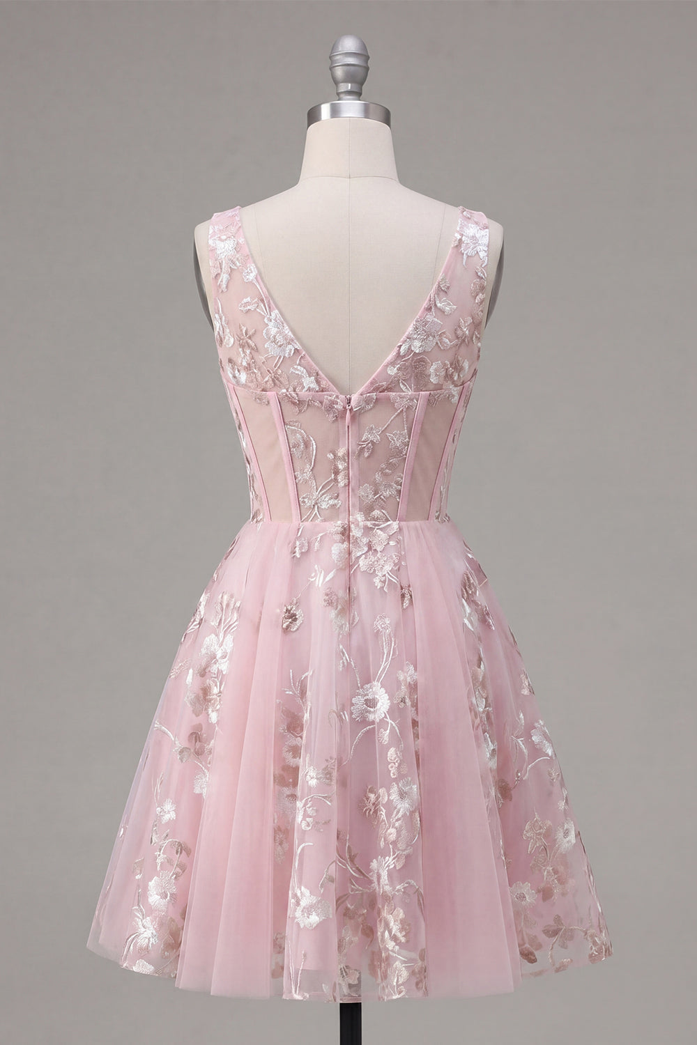 Floral V-Neck A Line Pink Short Corset Homecoming Dress