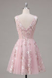 Floral V-Neck A Line Pink Short Corset Homecoming Dress