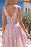 Floral V-Neck A Line Pink Short Corset Homecoming Dress