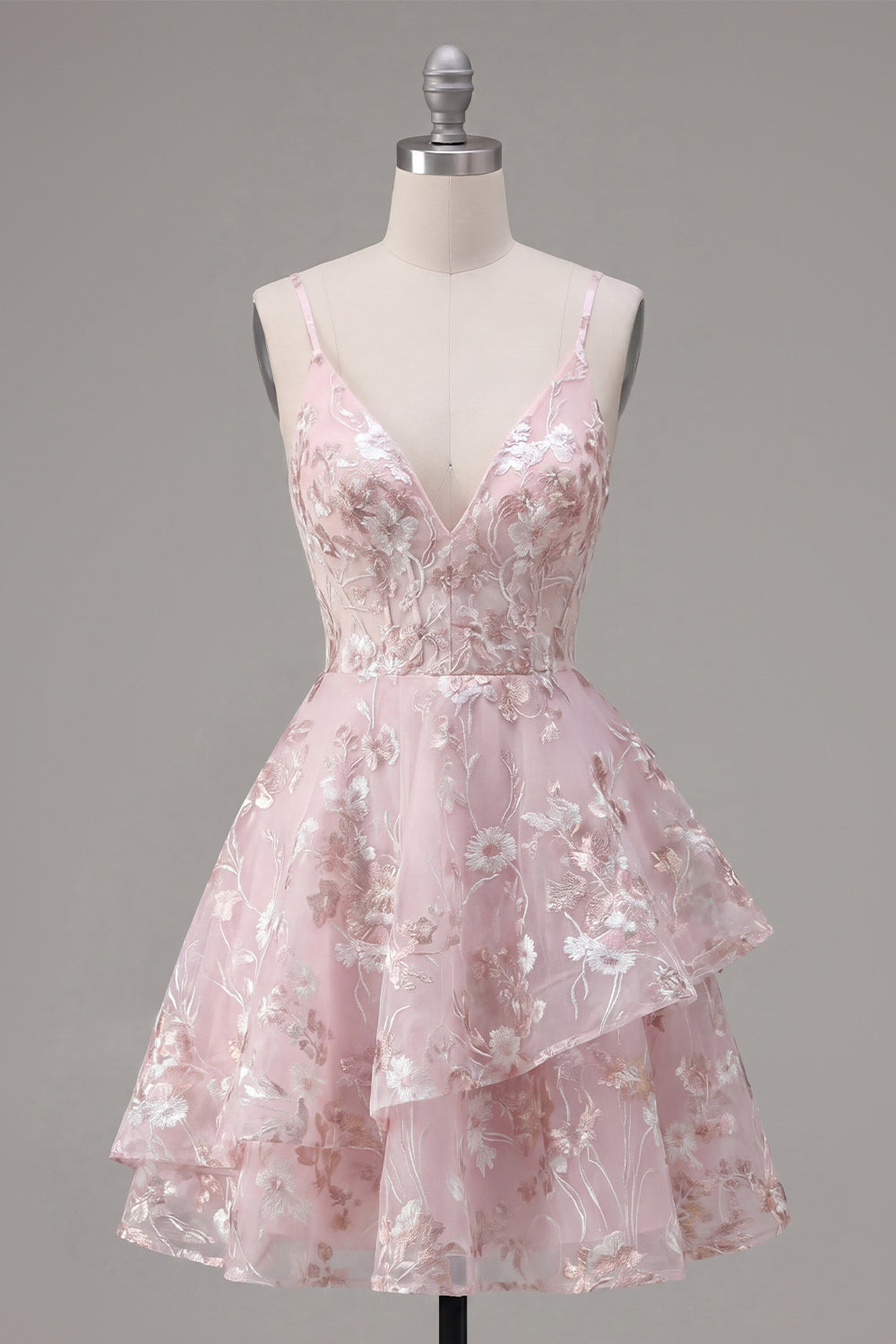 Floral V-Neck Ruffled A Line Pink Short Corset Homecoming Dress