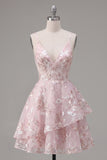 Floral V-Neck Ruffled A Line Pink Short Corset Homecoming Dress