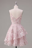 Floral V-Neck Ruffled A Line Pink Short Corset Homecoming Dress