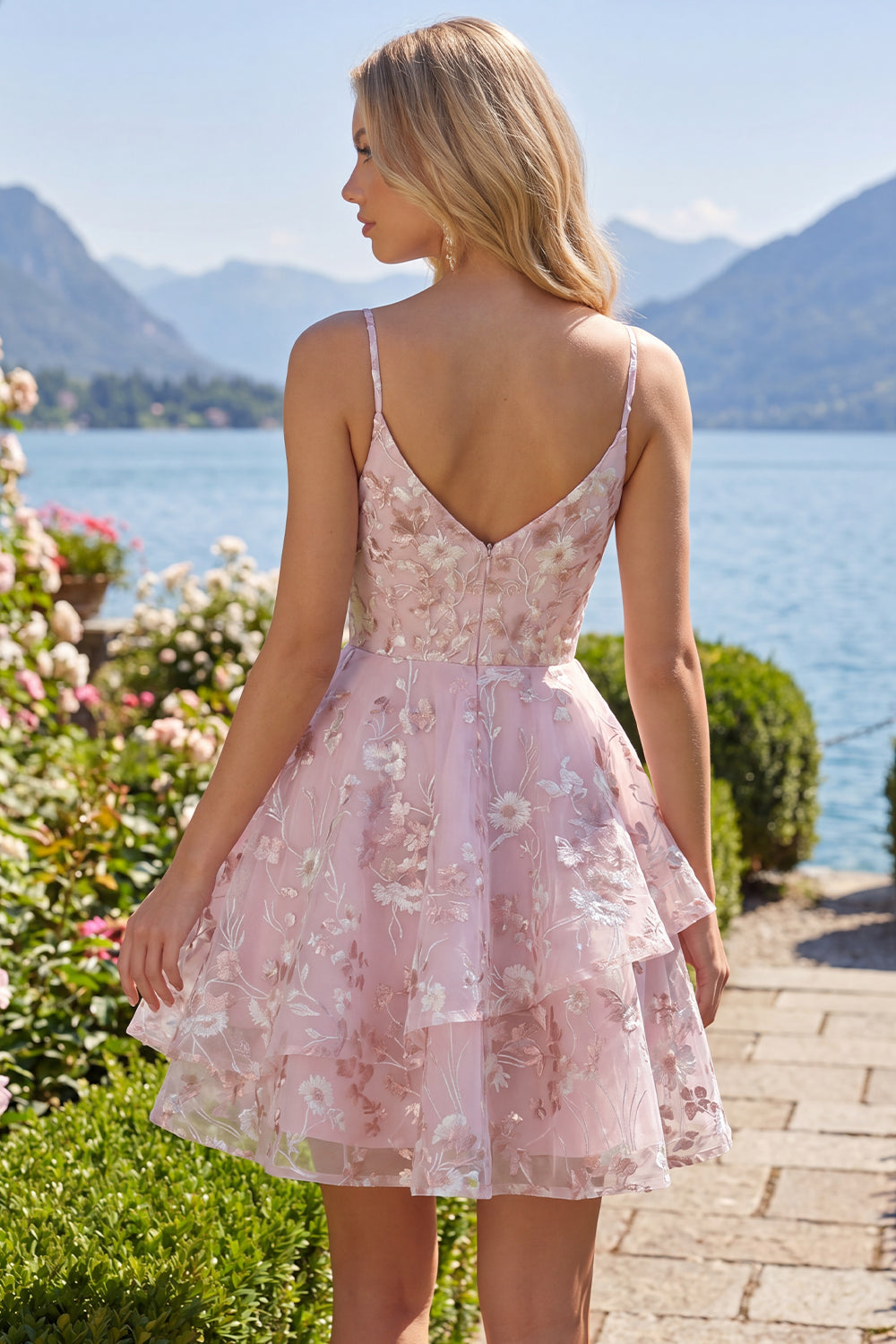 Floral V-Neck Ruffled A Line Pink Short Corset Homecoming Dress