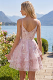 Floral V-Neck Ruffled A Line Pink Short Corset Homecoming Dress