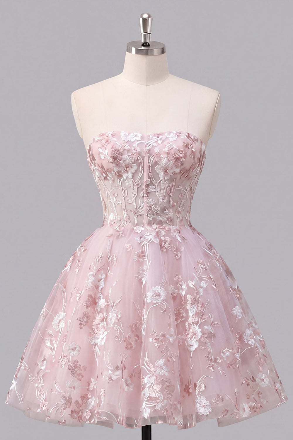 Floral Strapless A Line Pink Short Corset Homecoming Dress