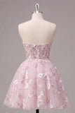 Floral Strapless A Line Pink Short Corset Homecoming Dress