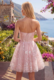 Floral Strapless A Line Pink Short Corset Homecoming Dress