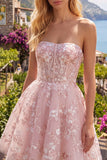 Floral Strapless A Line Pink Short Corset Homecoming Dress