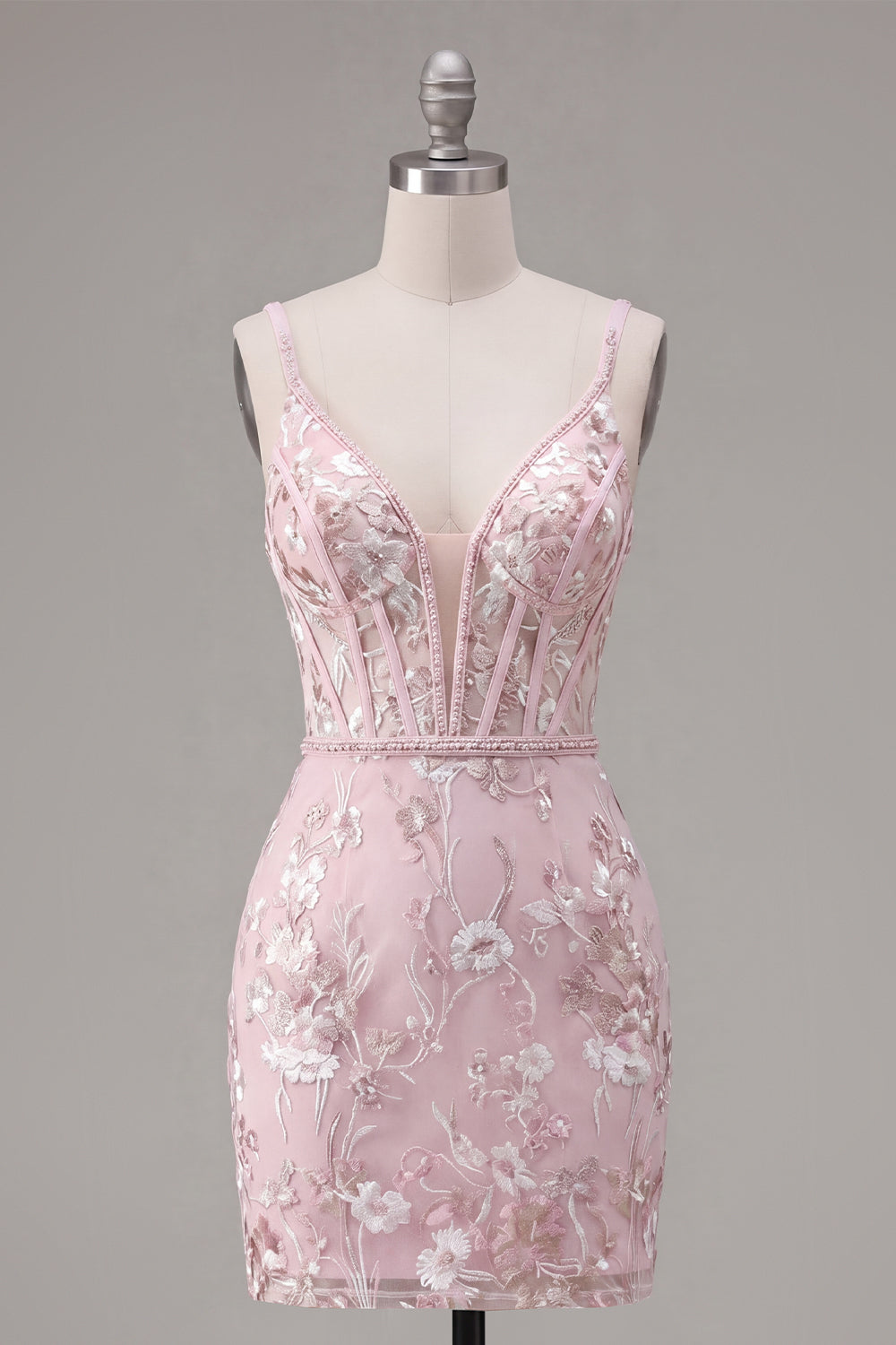 Floral V-Neck Tight Pink Short Corset Homecoming Dress with Beading