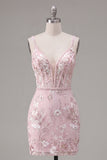 Floral V-Neck Tight Pink Short Corset Homecoming Dress with Beading