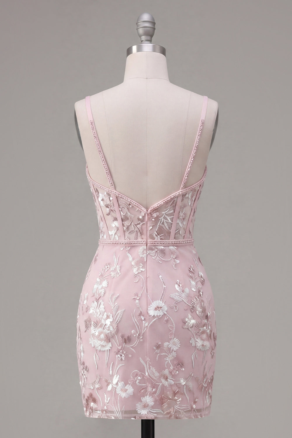 Floral V-Neck Tight Pink Short Corset Homecoming Dress with Beading