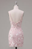 Floral V-Neck Tight Pink Short Corset Homecoming Dress with Beading