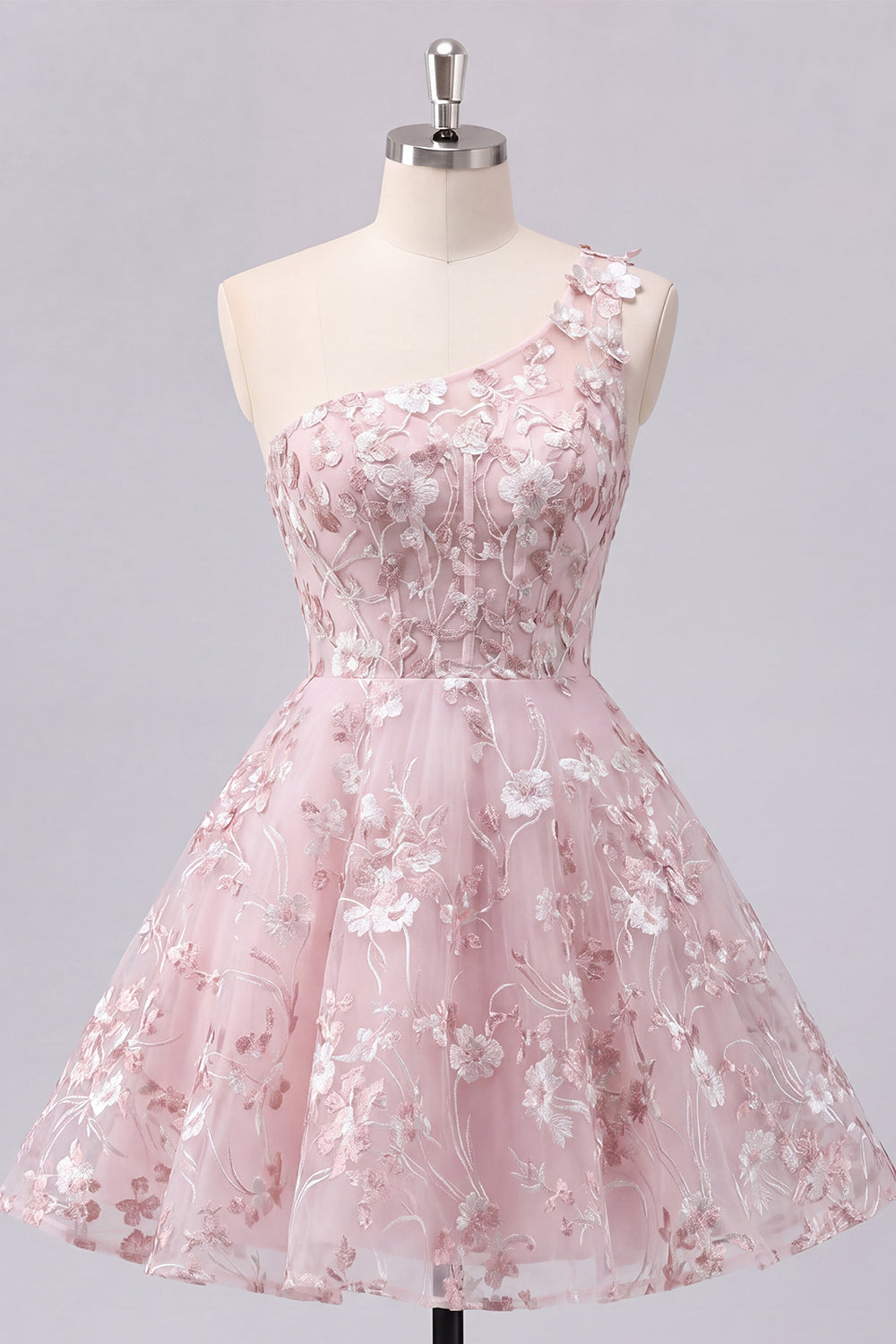 Floral One Shoulder A Line Pink Short Corset Homecoming Dress