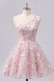 Floral One Shoulder A Line Pink Short Corset Homecoming Dress