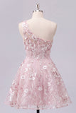 Floral One Shoulder A Line Pink Short Corset Homecoming Dress