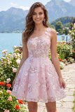 Floral One Shoulder A Line Pink Short Corset Homecoming Dress