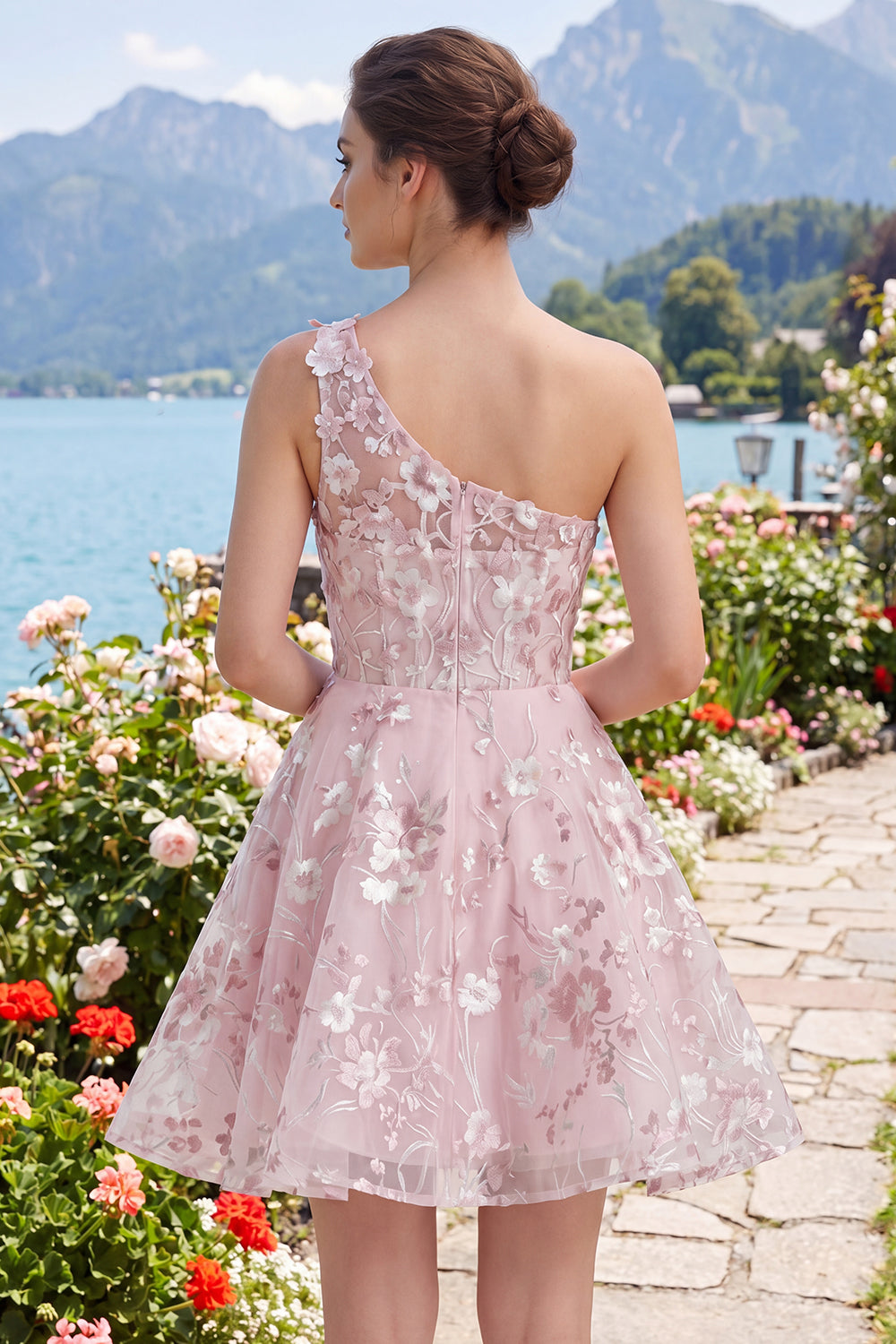 Floral One Shoulder A Line Pink Short Corset Homecoming Dress