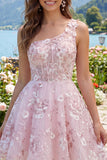 Floral One Shoulder A Line Pink Short Corset Homecoming Dress